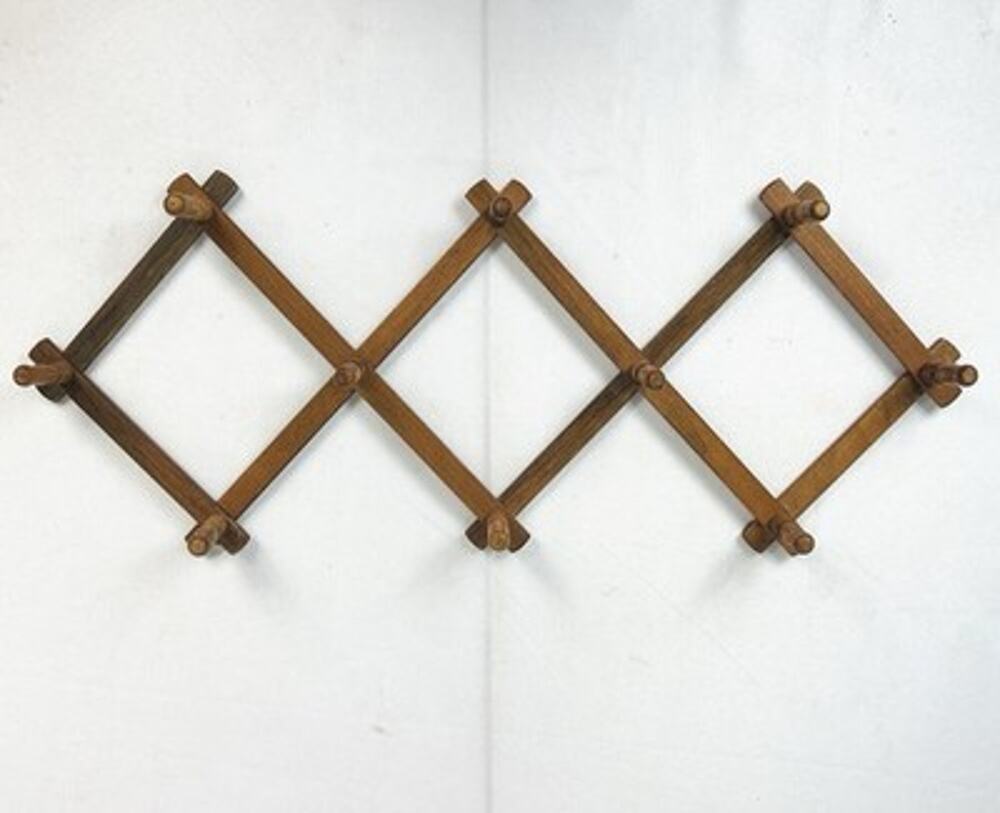 Vintage Wooden Accordion Wall Rack Expandable 10 Peg Hooks Mid Century